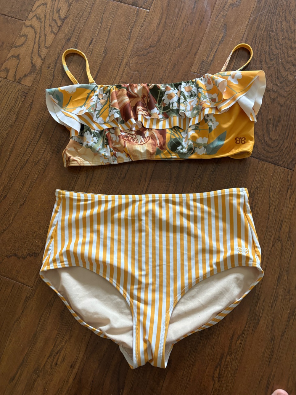 Albion golden yellow floral and striped 2 piece high waisted two piece
